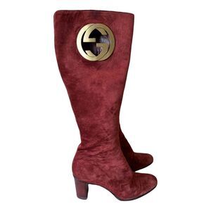 GUCCI Tom Ford Red Suede Leather Interlocking GG Logo Knee High Boots EU 36.5